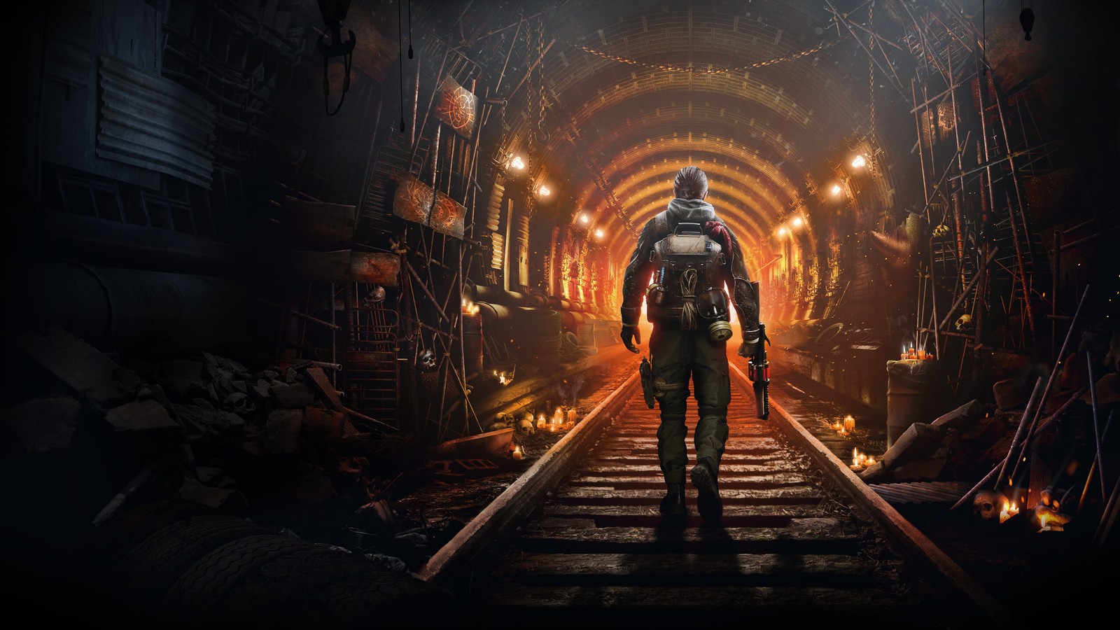 A man standing on a train track in a dark tunnel (metro awakening, video game, games, 4k wallpaper)