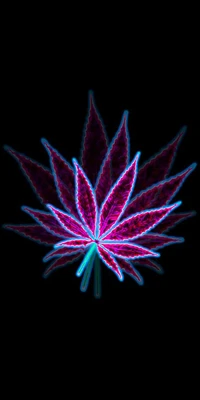 Abstract Neon Leaf with Purple Smoke on Black Background