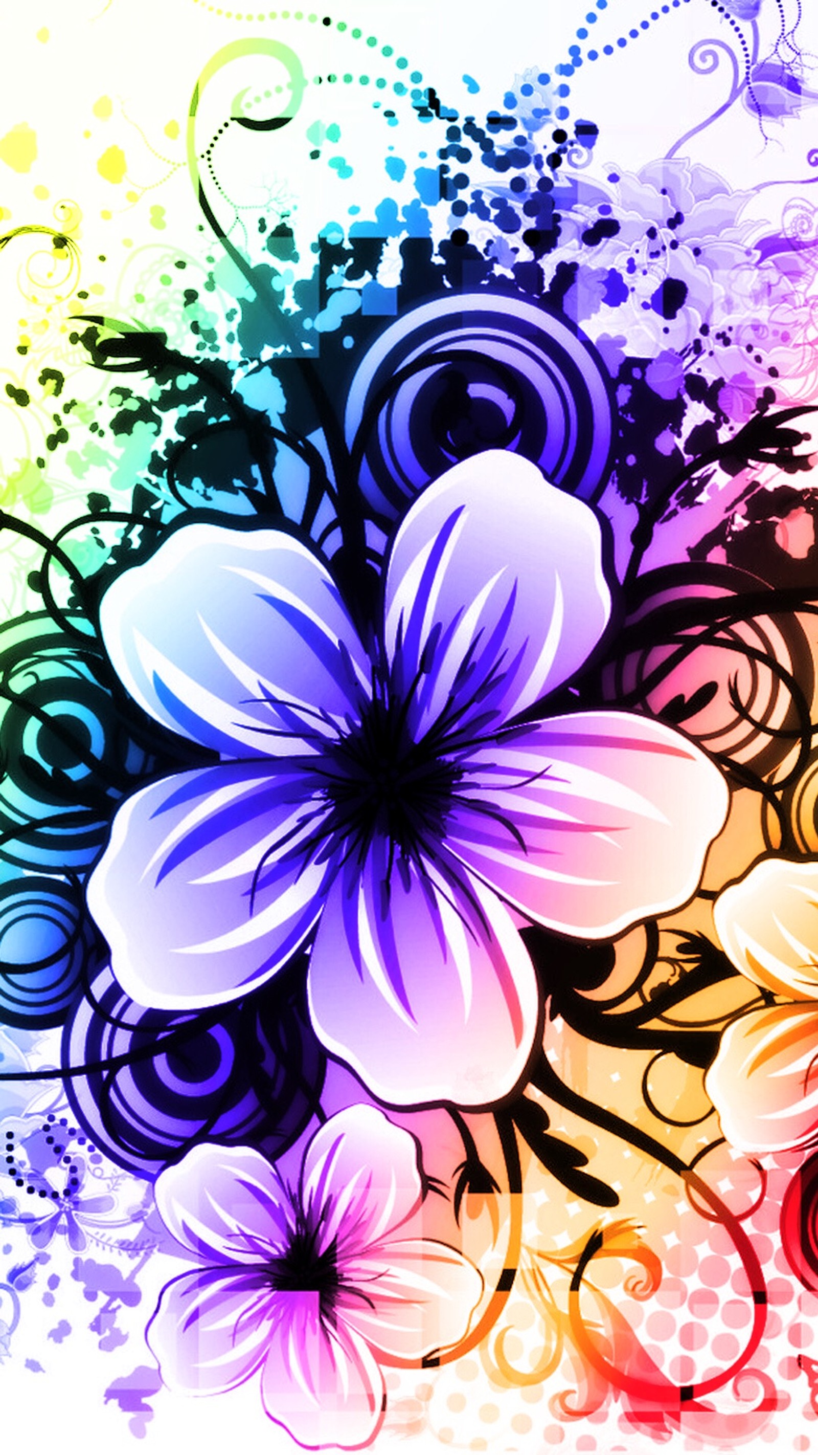 Colorful flowers on a colorful background with swirls and spots (abstract, flower)