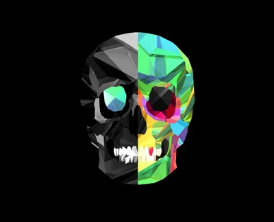 Diseño abstracto de calavera con patrones geométricos coloridos sobre fondo negro