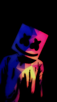 Vibrant Marshmello DJ with Geometric Patterns on a Dark Background