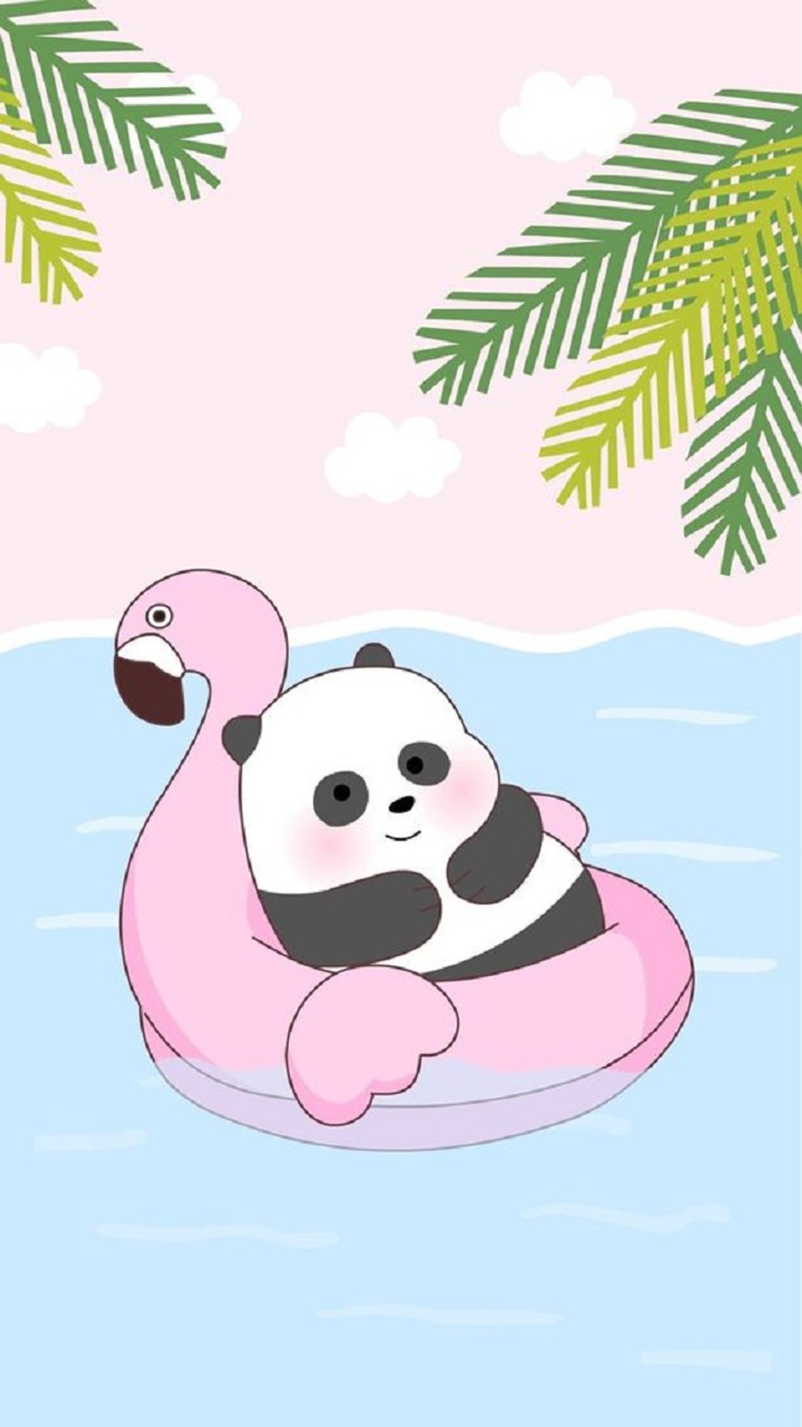 Panda flotando en un flamenco rosa en el agua (animal, oso)