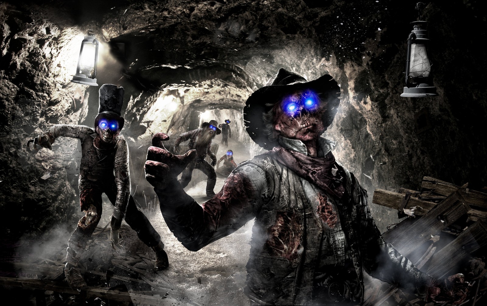 Zumbis em uma caverna escura com olhos azuis e uma lanterna (call of duty, jogos, zumbis)