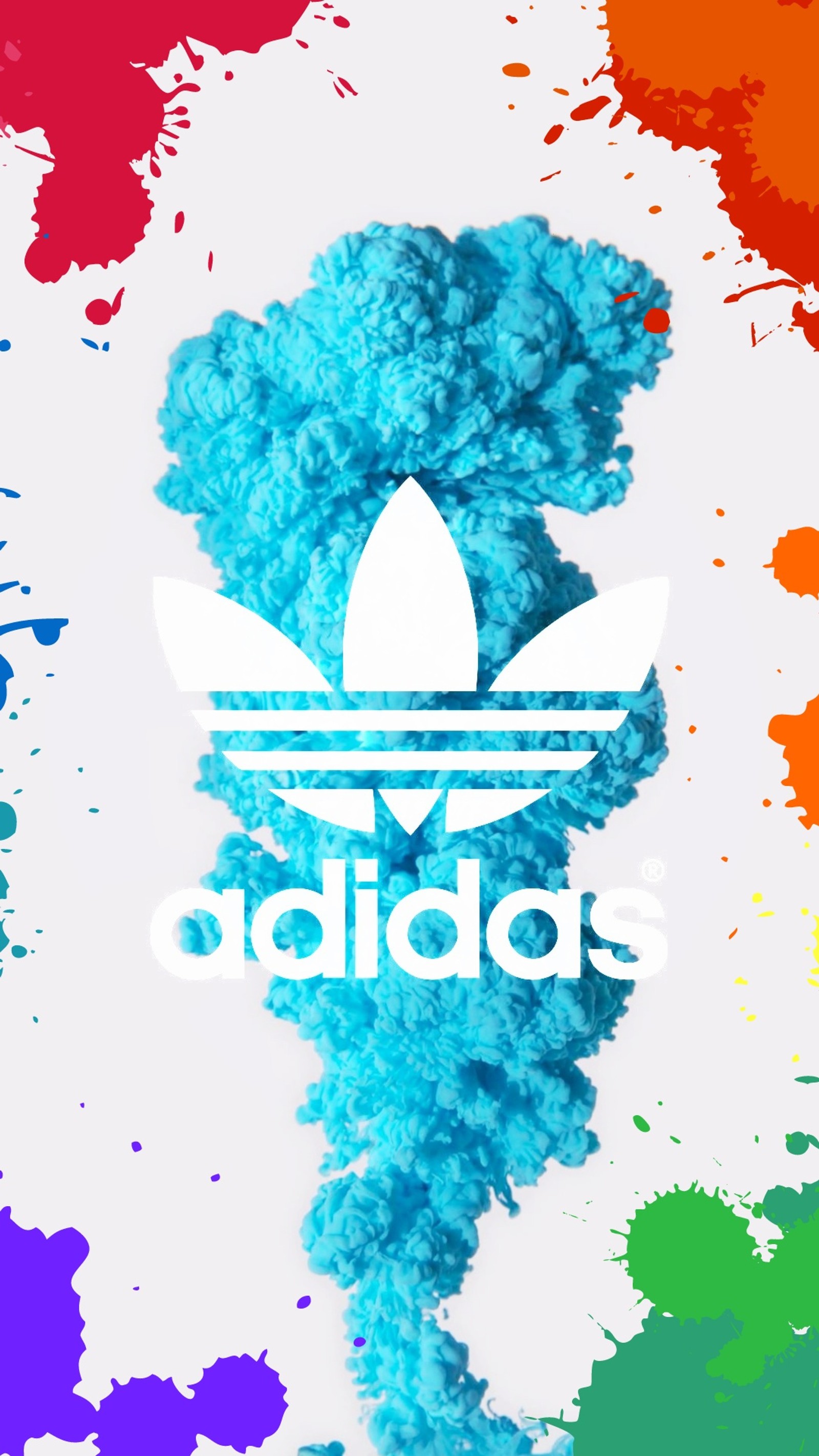 Un primer plano de un fondo colorido con un logo blanco de adidas (azul, blanco, colores)