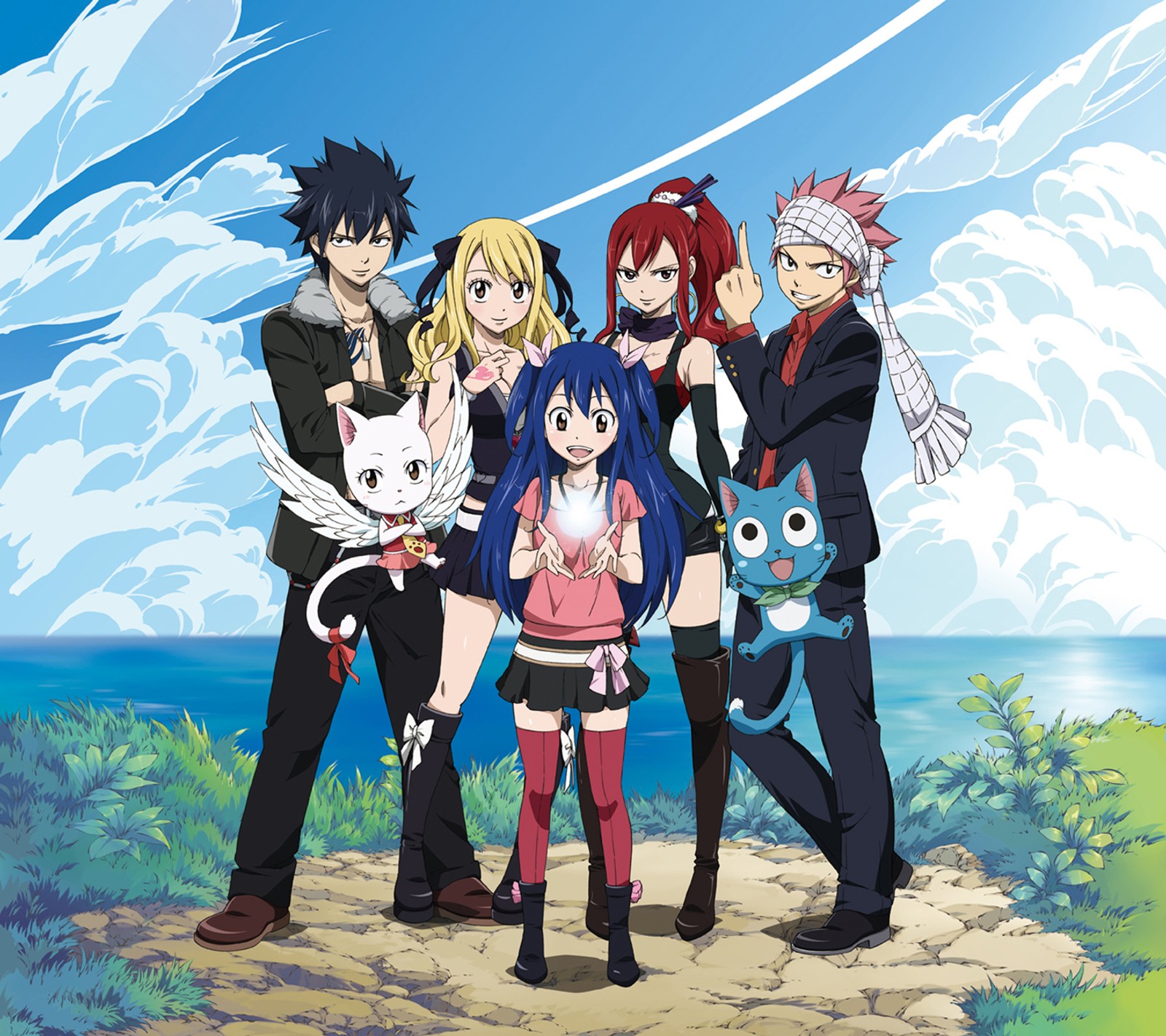 Um grupo de personagens de anime em pé um ao lado do outro na praia (charles, erza, fairy tail, cinza, feliz)