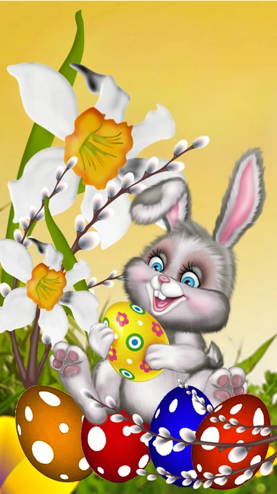 Cheerful Bunny with Colorful Easter Eggs and Spring Flowers