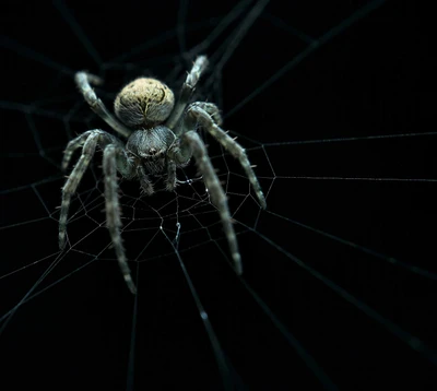 Gros plan d'une araignée dans sa toile complexe sur un fond sombre.