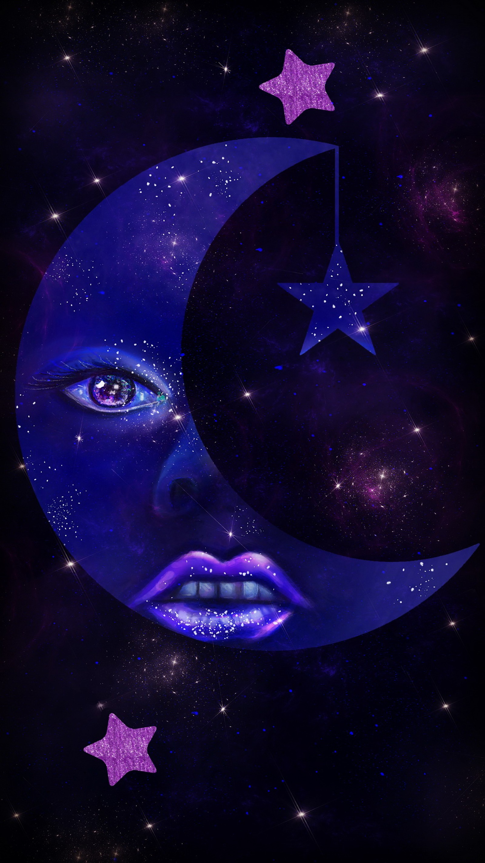 Céu estrelado com uma lua crescente e o rosto de uma mulher (abstrato, galáxia, lua, roxo, espaço)