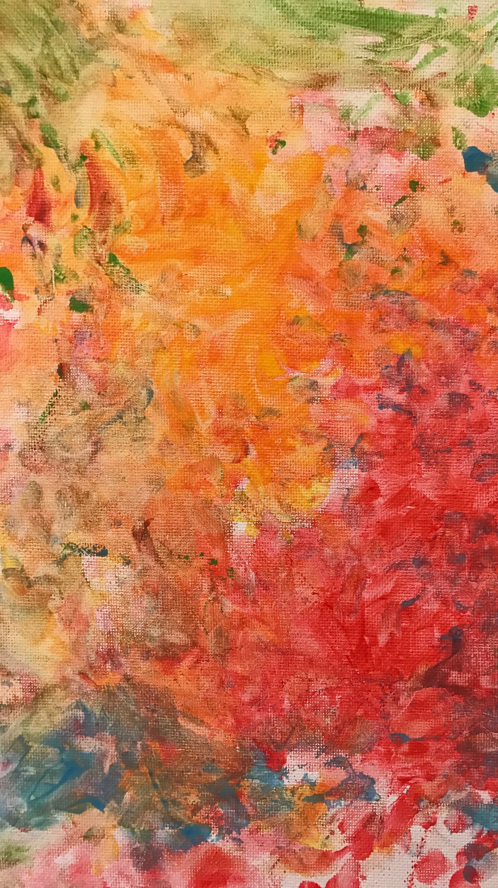 Painting of a red and yellow flower with green leaves (art, canvas, colors, orange, paint)