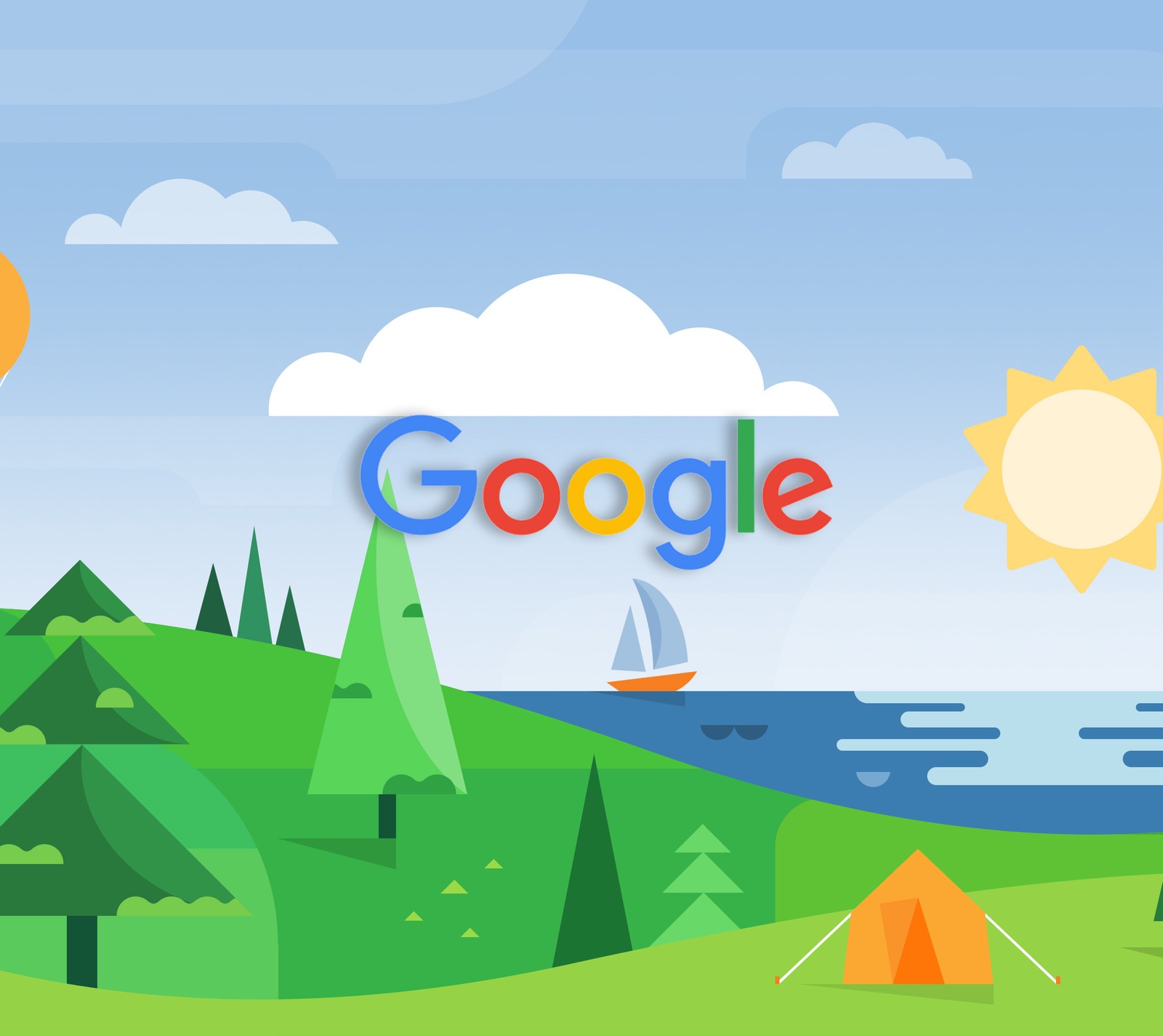 Google logo with a tent and a sailboat in the background (google, google now, landscape, logo, ocean)