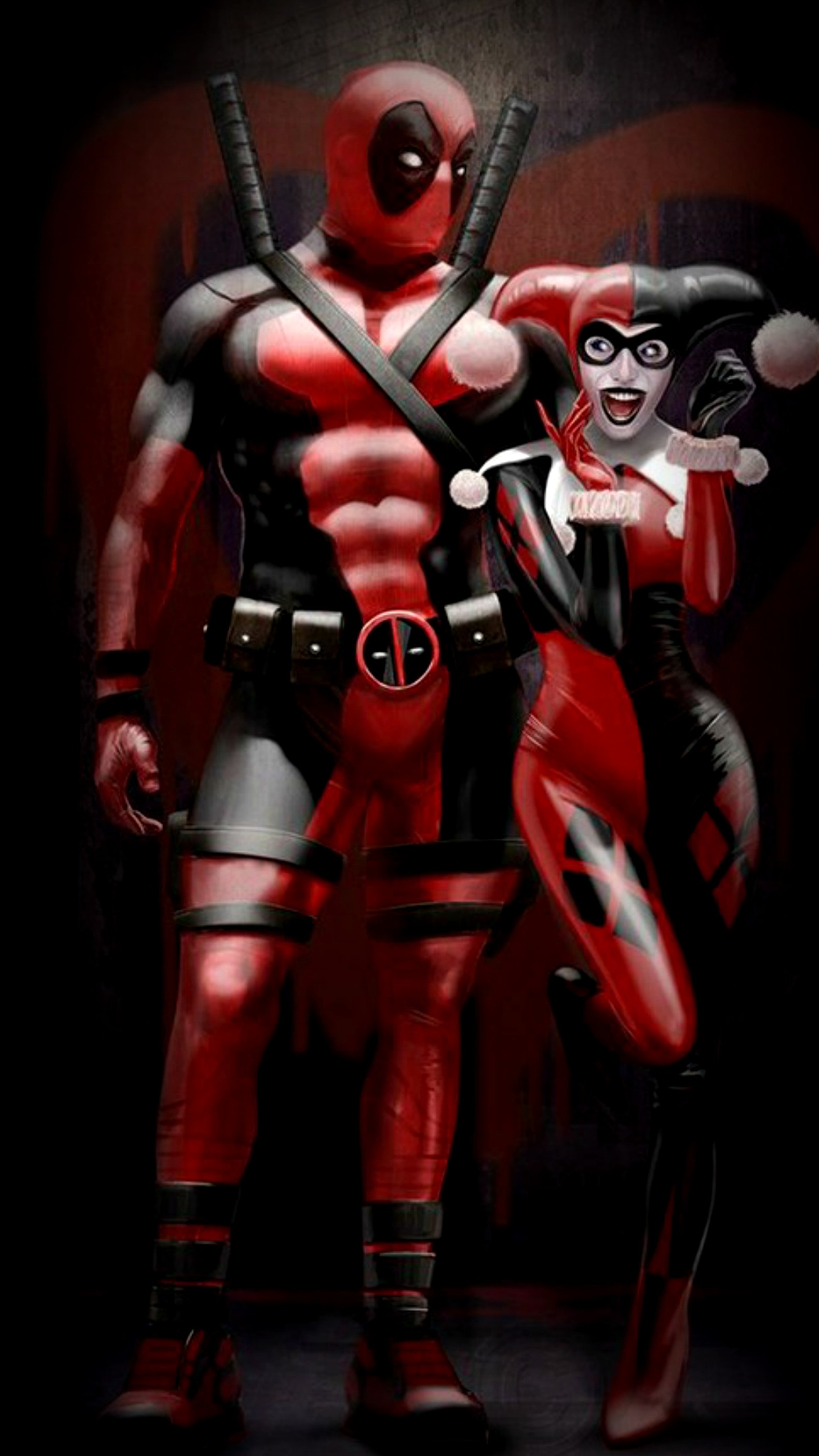 A close up of a couple of deadpoolers standing next to each other (batman, dark, deadpool, harley, joker)