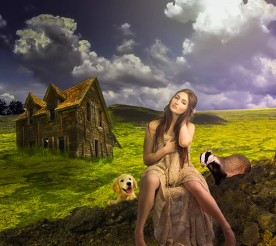 A serene landscape featuring a weathered house, a woman in a flowing dress, a dog, and a badger amidst a lush green field under a dramatic sky.