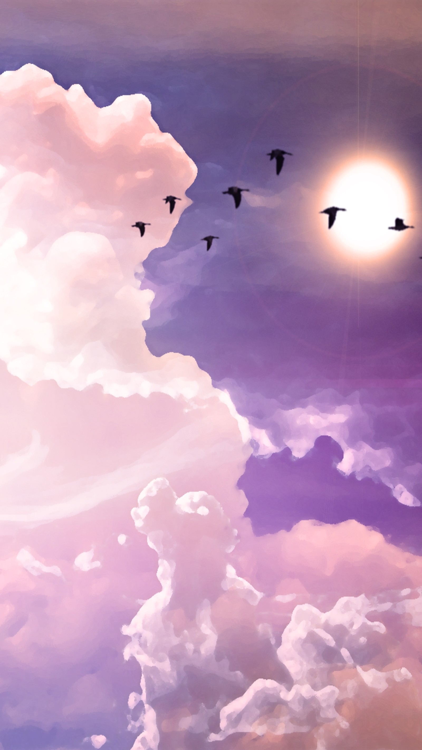 There are many birds flying in the sky with a sun in the background (background, birds, free, lavender, sky)