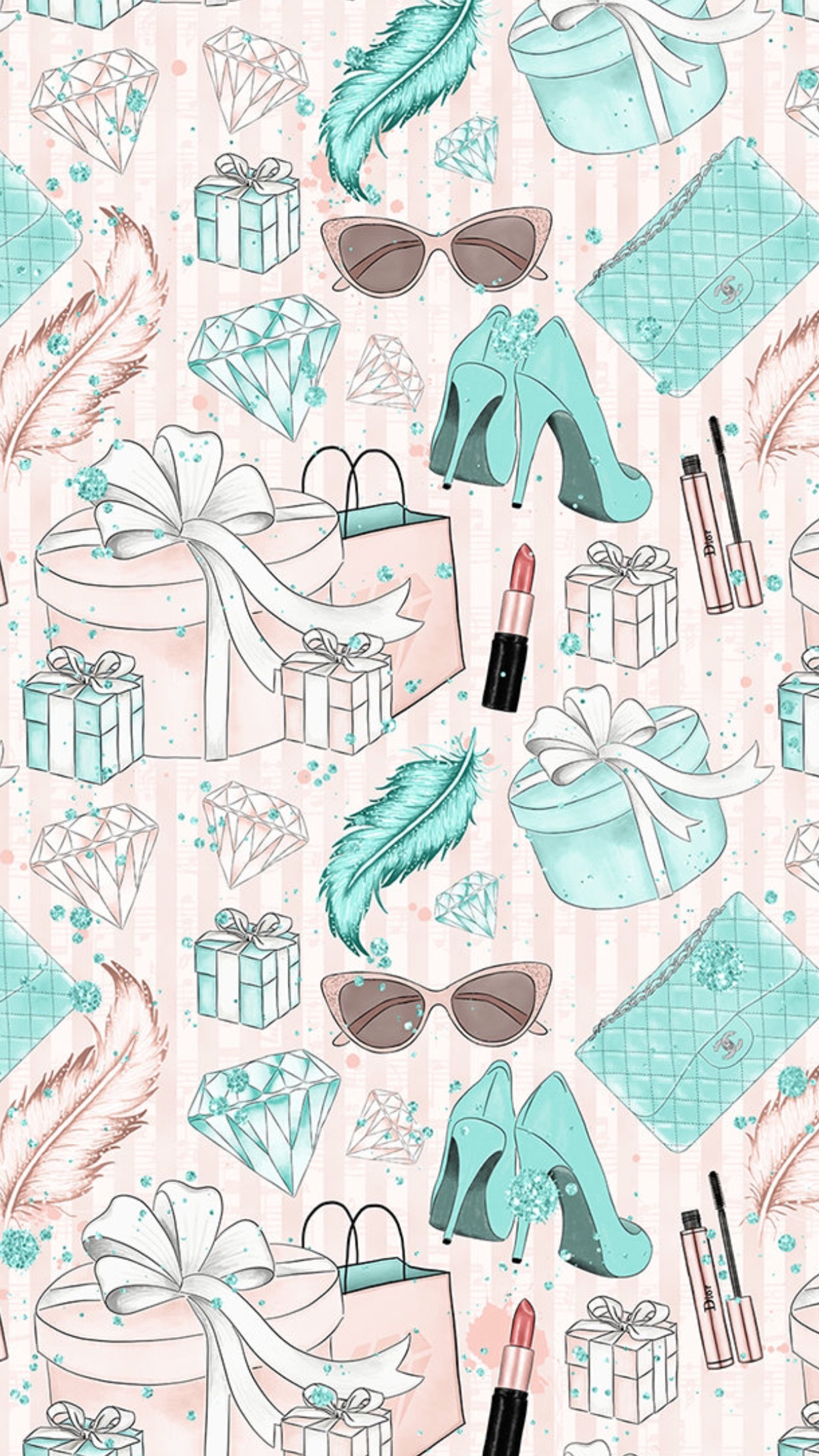 A seamless pattern of a woman's accessories and accessories (diamonds, girly, heels, makeup, pastels)