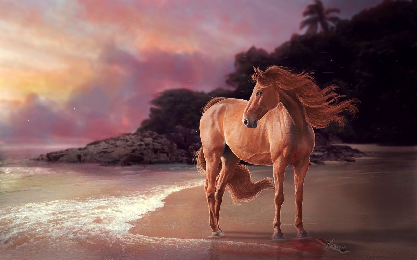 Pintura de um cavalo parado em uma praia com um pôr do sol ao fundo (animal, arte, fundo, cavalo, cavalos)