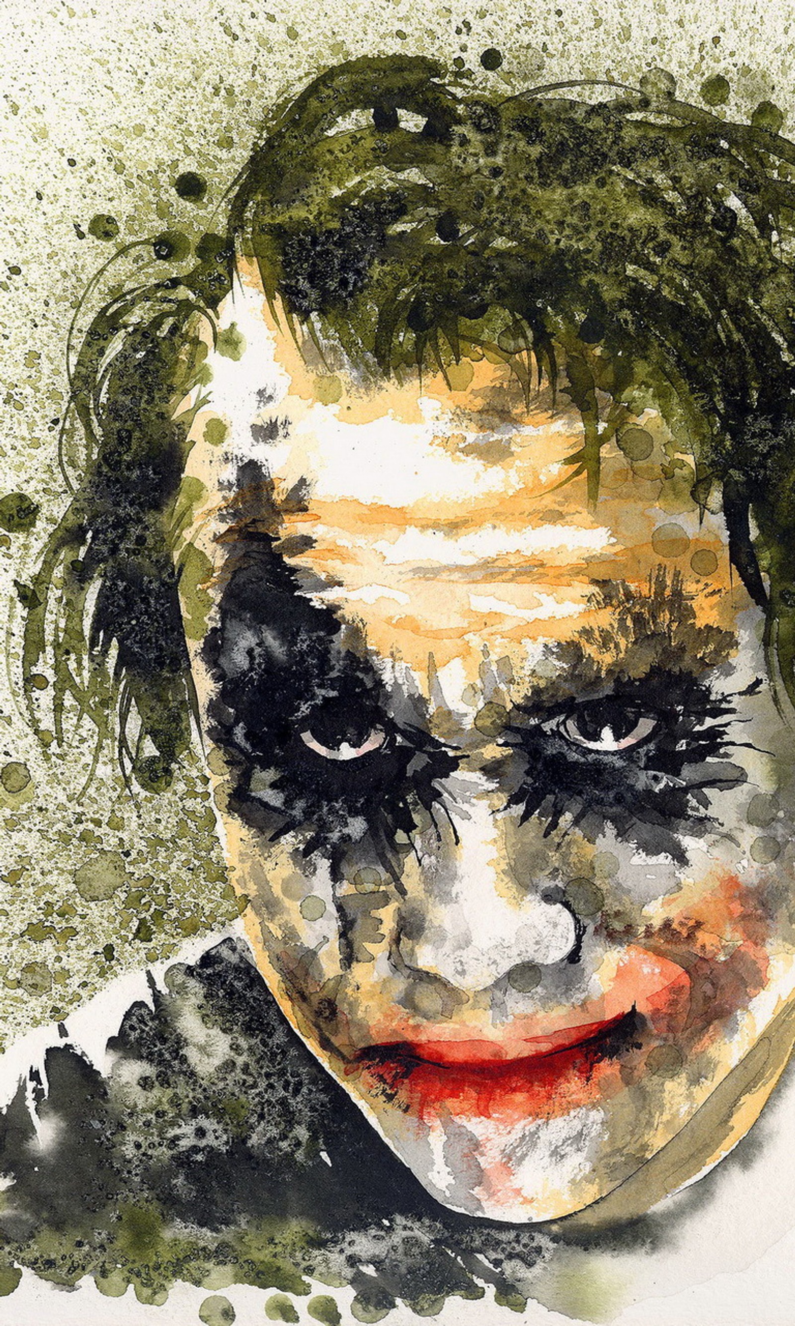 A painting of a joker face with a green hair (batman, character, colors, joker, painting)