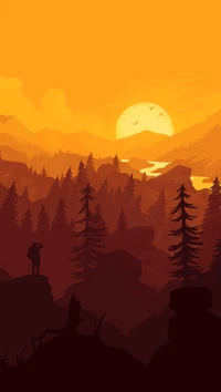 Silhouetted Figure Against a Fiery Sunset in an Abstract Forest Landscape