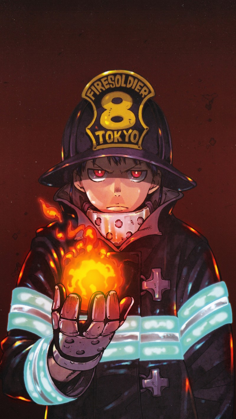 Аниме-пожарный с светящимся шаром в руке (аниме, anime, энен но шобутай, fire force, шинра)