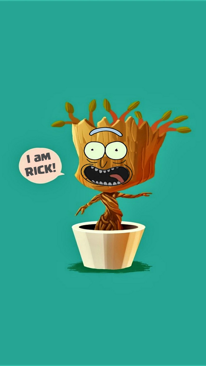 Мультяшный грутер с текстовым пузырем, говорящим «я рик» (грут, groot, morty, rick, рик и морти)