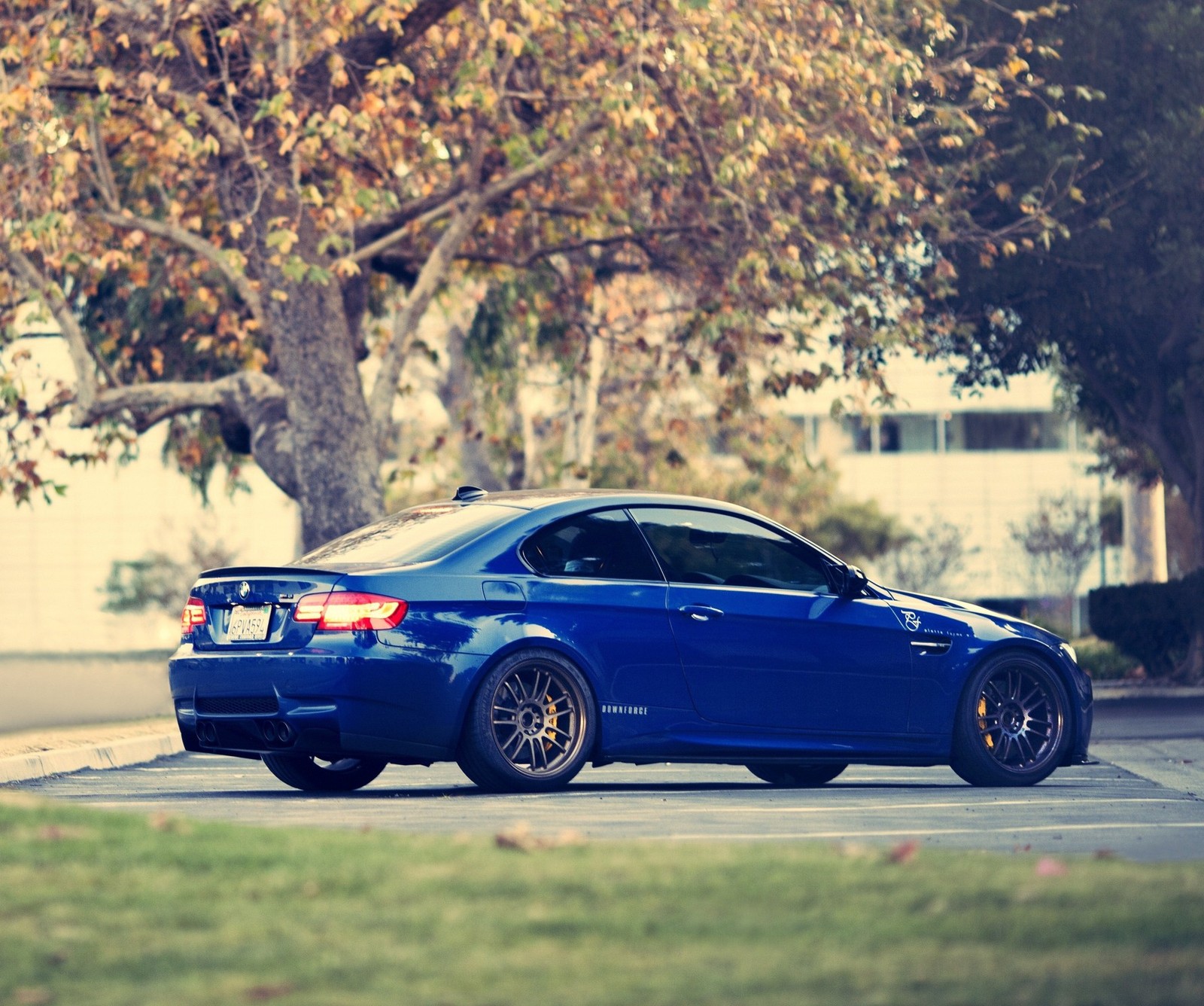 Arafed blue bmw m3 coupe parked on a street in front of a tree (auto, bmw)