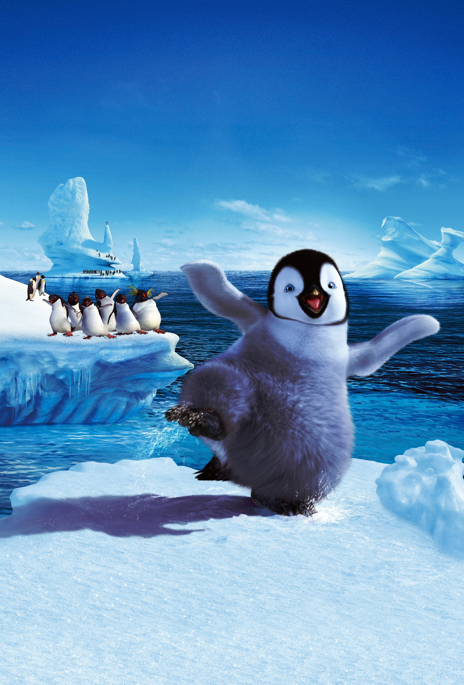 Penguin with arms outstretched in the air on an iceberg (animacion, happy feet, penguin, pixar)