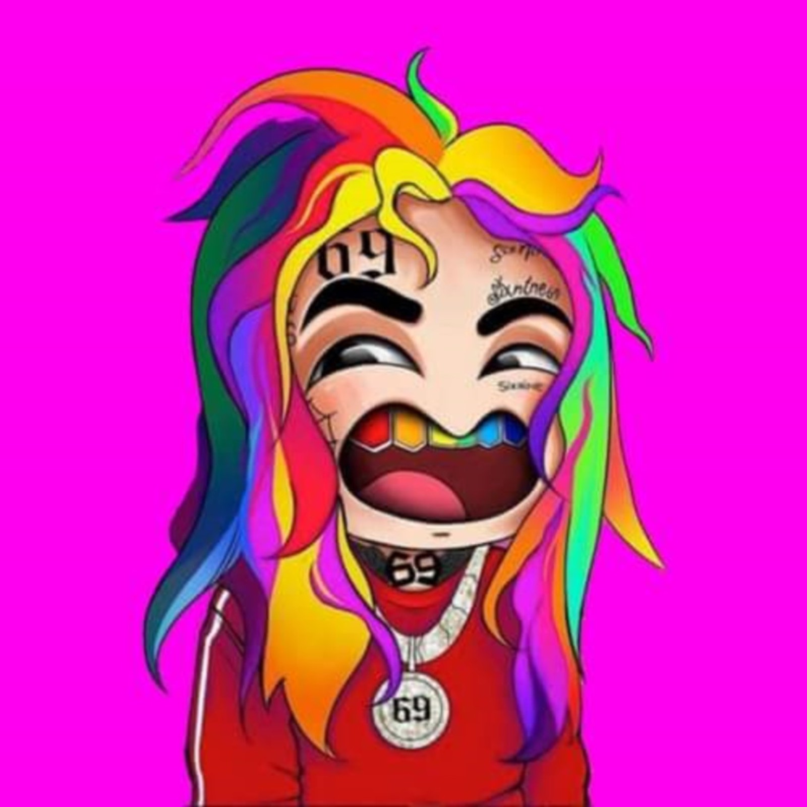 A drawing of a girl with colorful hair and a clown mask (love, picture)