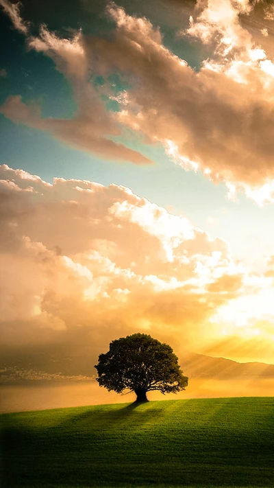 Árvore solitária sob nuvens dramáticas ao amanhecer