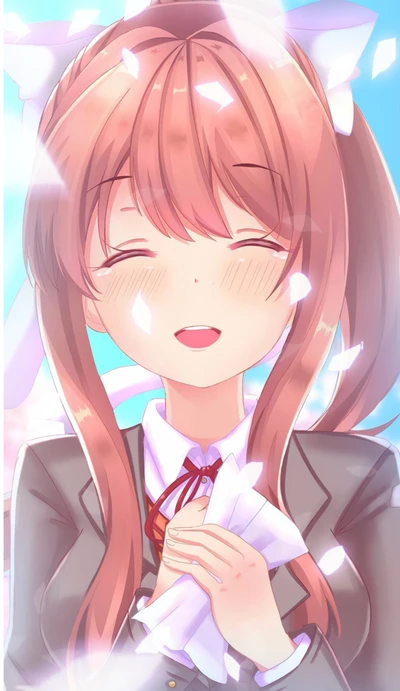 Monika aus Doki Doki Literature Club lächelt warm zwischen fallenden Blütenblättern.