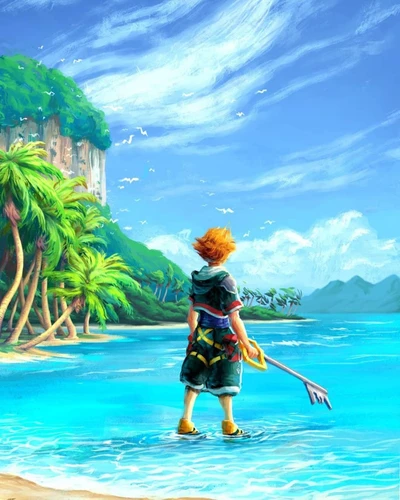 Sora blickt auf eine lebendige tropische Landschaft, die Abenteuer und Magie in Kingdom Hearts 3 verkörpert.