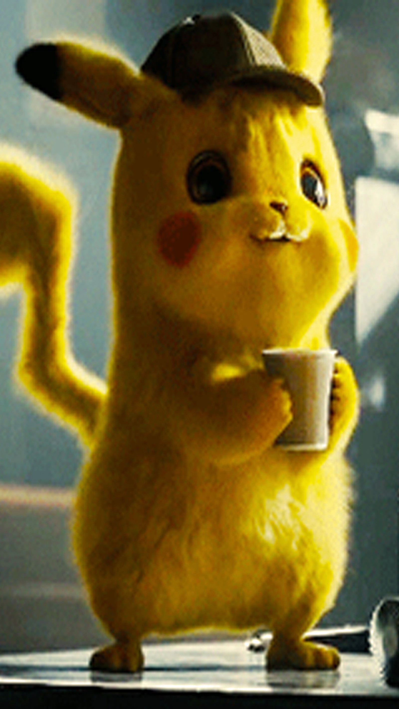 Pokemon pikachu is holding a cup of coffee in a scene from the movie pokemon (pikachu, pokemon, movies)