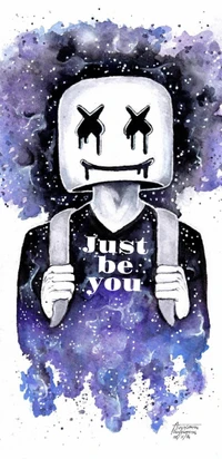 Une figure avec une tête carrée blanche texturée et des yeux sombres se tient devant un fond de galaxie vibrant, portant un t-shirt noir avec l'inscription "Sois juste toi-même", incarnant un message d'individualité au milieu du chaos.