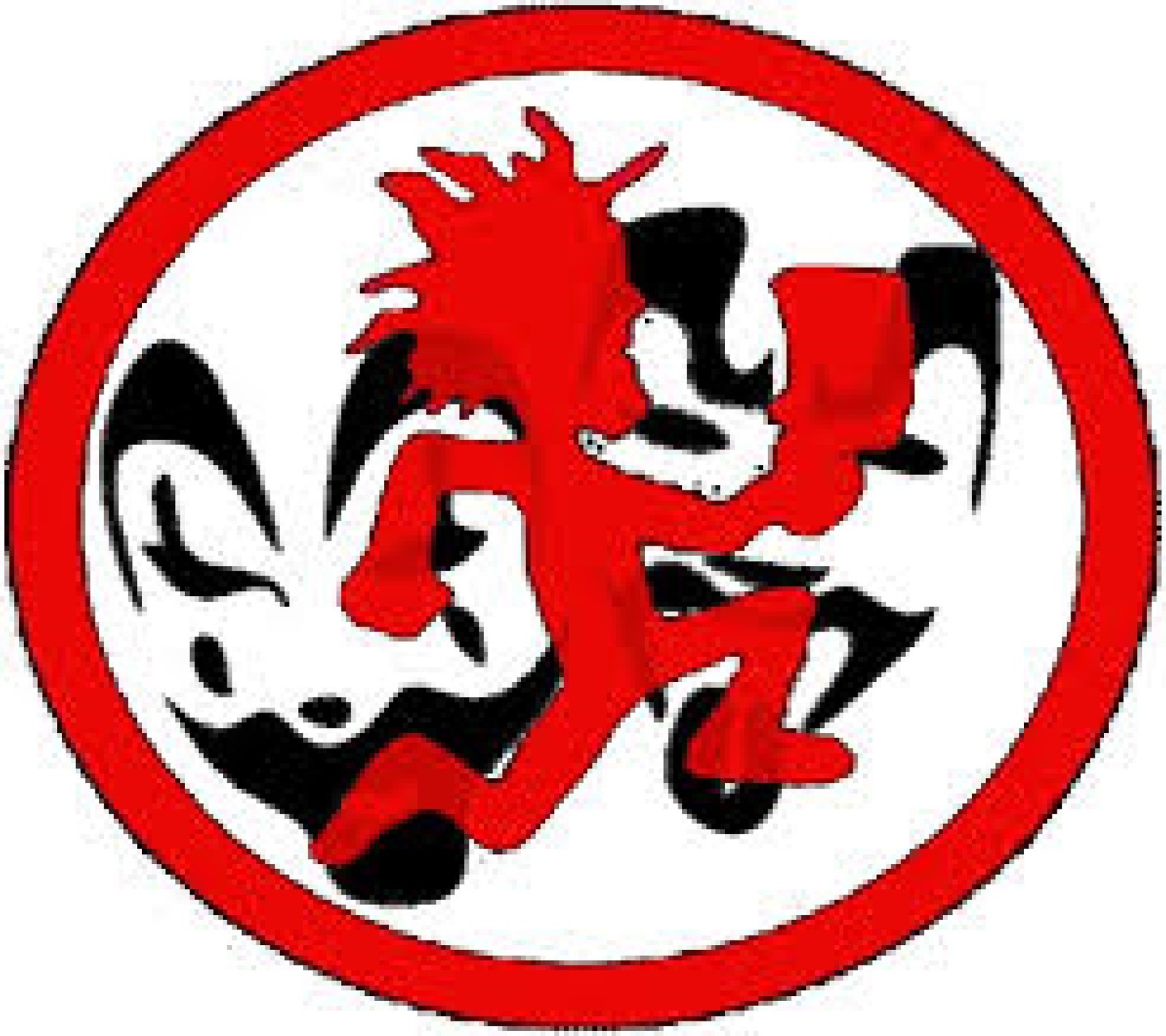 Un primer plano de un logo rojo y negro con una persona en una motocicleta (hatchetman, icp, insane clown posse, juggalo)