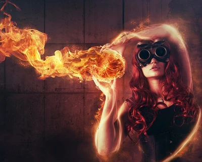 Fille rousse manipulant des flammes dans une esthétique steampunk