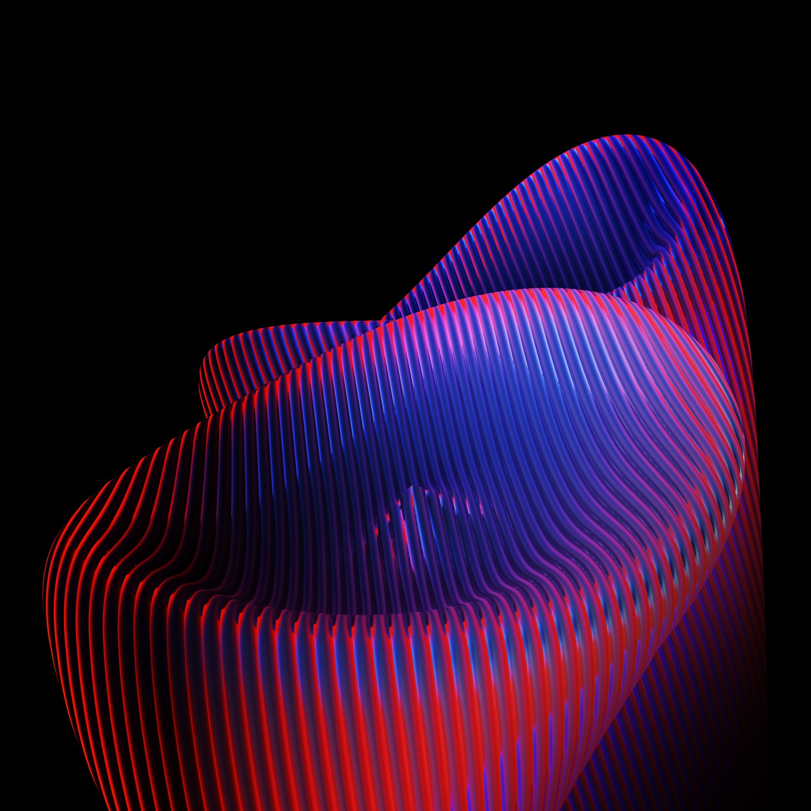 A close up of a red and blue wave shaped object (3d background, 3d lines, 3d art, black background, neon lines)