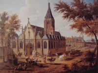 Mittelalterliche gotische Kirche umgeben von Dorfleben