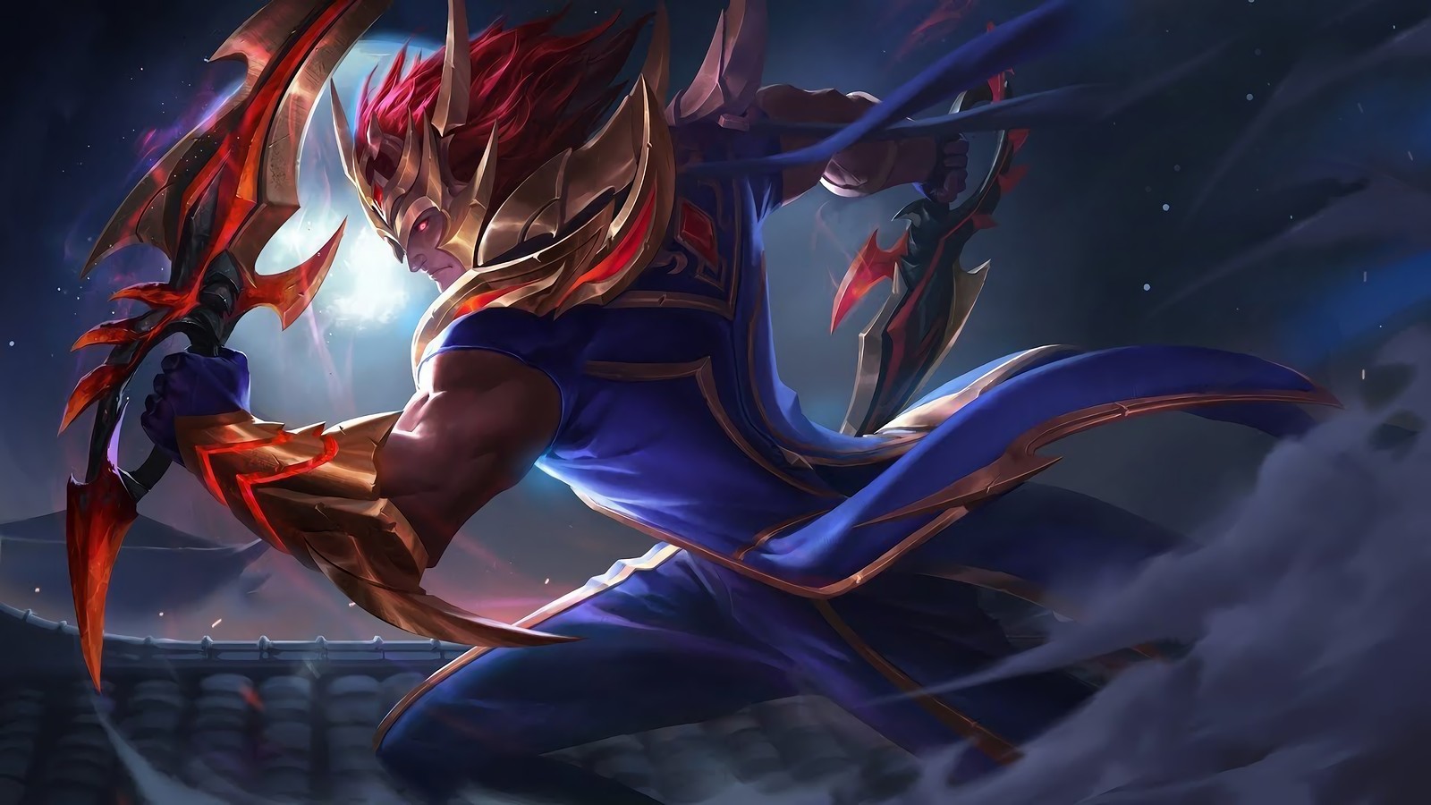 Un homme avec une épée et des cheveux rouges dans les airs (martis, mobile legends, jeu vidéo)