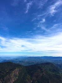 Ruhige Berglandschaft unter einem weiten blauen Himmel mit flauschigen Kumuluswolken und fernen Horizonten.