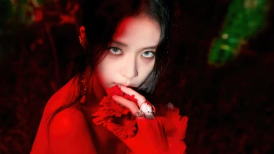 Jisoo do BLACKPINK, fazendo uma pose cativante com uma flor, cercada por um fundo vermelho dramático.