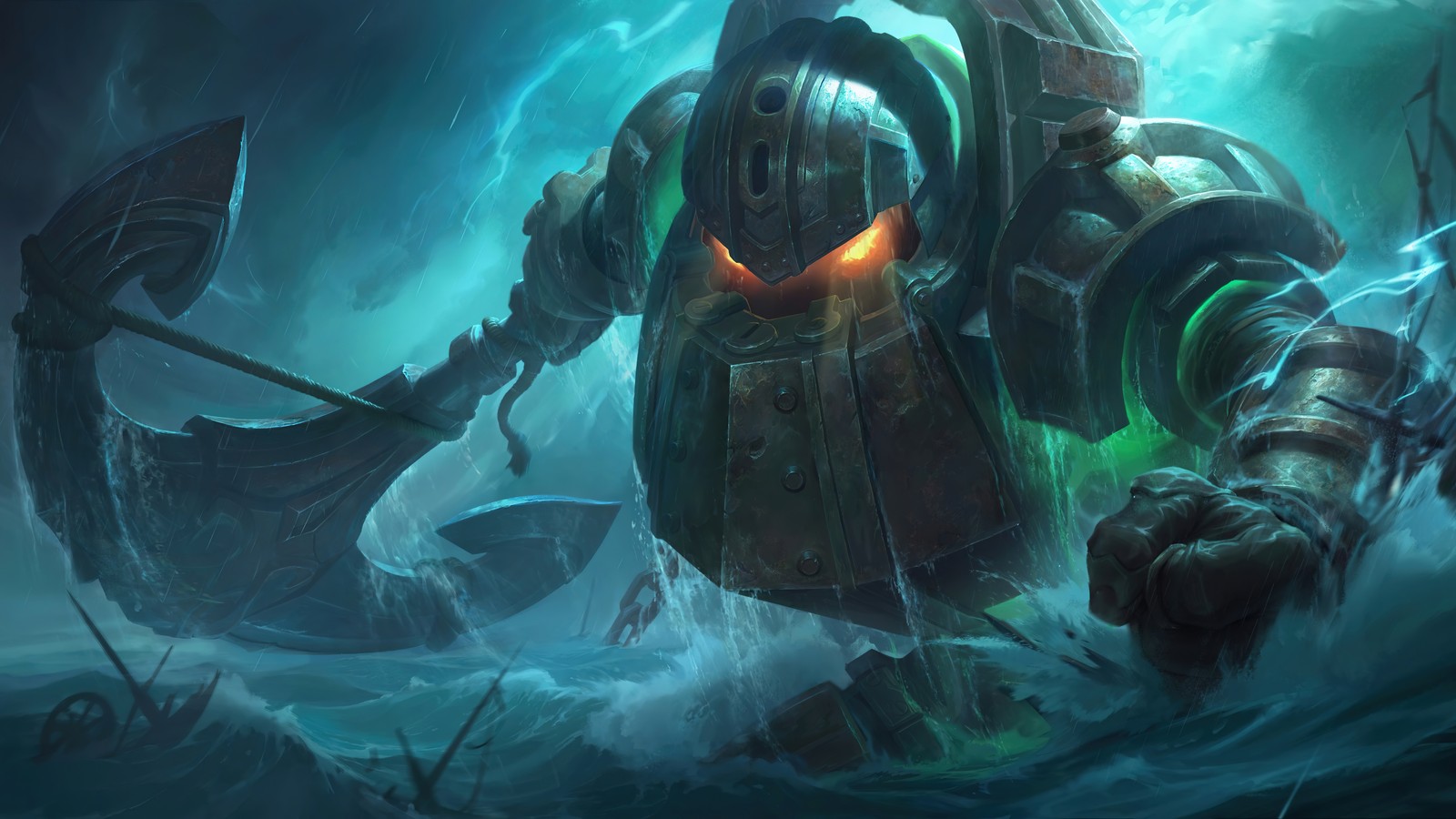 A painting of a giant robot with glowing eyes and a hammer (nautilus, lol wild rift, video game, lol, league of legends)