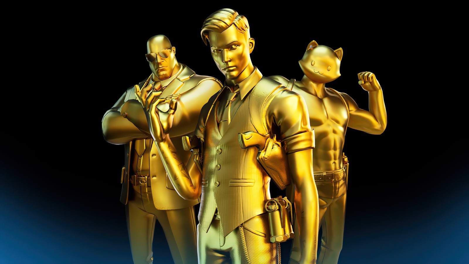 Un primer plano de tres estatuas doradas de hombres en trajes (oro, midas, meowscles, bruto, fortnite)