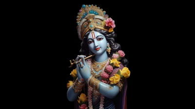 Elegante ídolo del Señor Krishna rodeado de adornos florales sobre un fondo negro