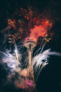 space needle, fireworks, world, new year, independence day wallpaper