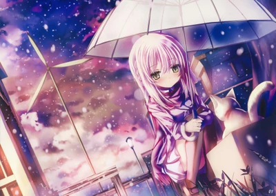 Anime Katzenmädchen mit Regenschirm in einer traumhaften violetten Landschaft