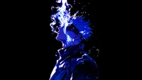 Satoru Gojo in a striking silhouette surrounded by vibrant blue energy against a black background.