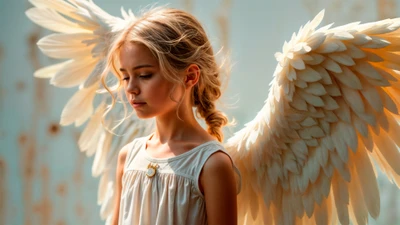 Fille mignonne avec des ailes d'ange dans une lumière éthérée