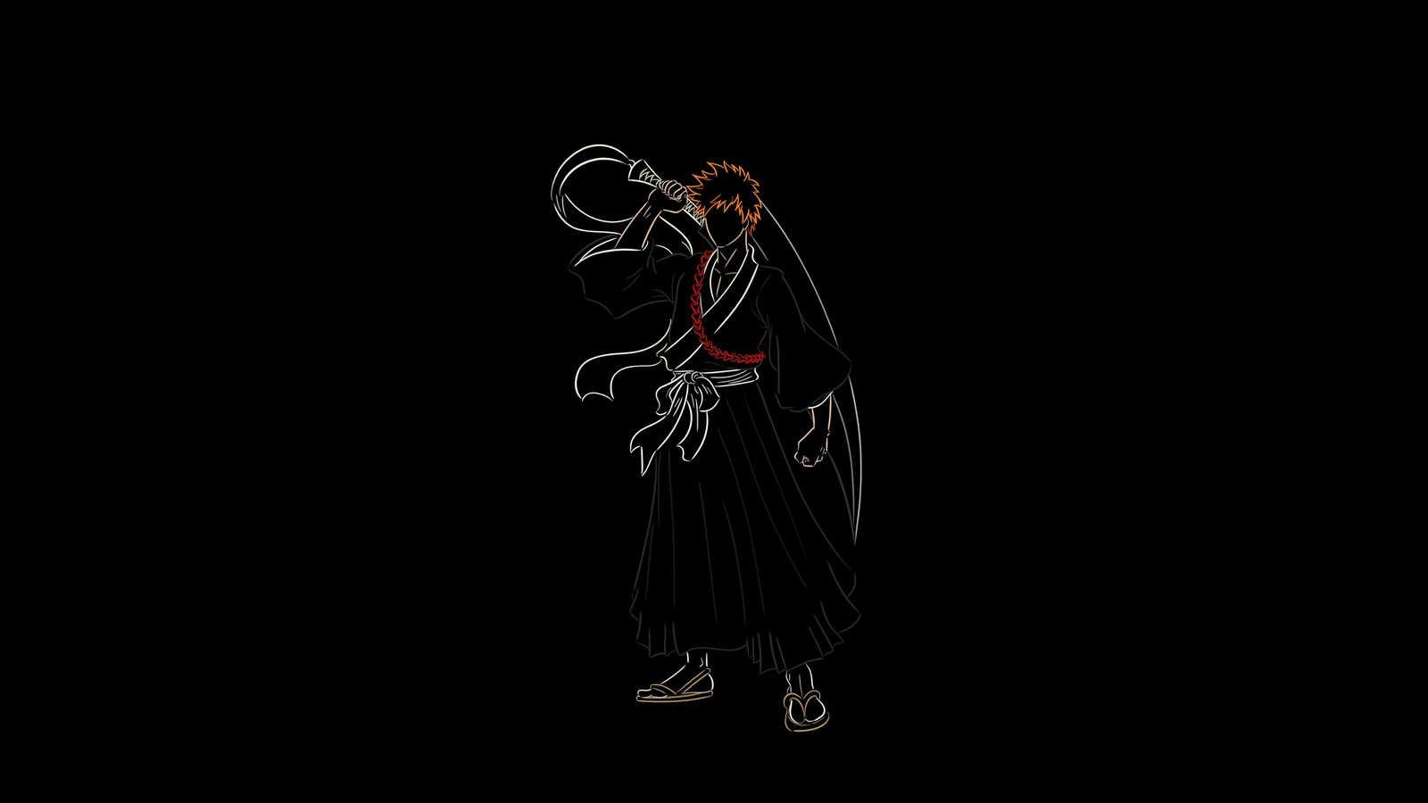 Arafed image of a man in a robe and a hat (ichigo kurosaki, black background, 5k, bleach, minimalist)