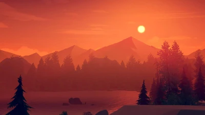 Coucher de soleil sur les montagnes des Highlands dans Firewatch : Un paysage de jeu d'aventure serein