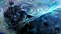 Rei Lich Arthas Menethil empunhando Frostmourne em um reino de fantasia sombria