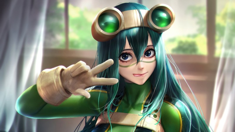 Крупный план человека с зелеными волосами и очками (цую асуи, tsuyu asui, my hero academia, боку но хиро академия, аниме)