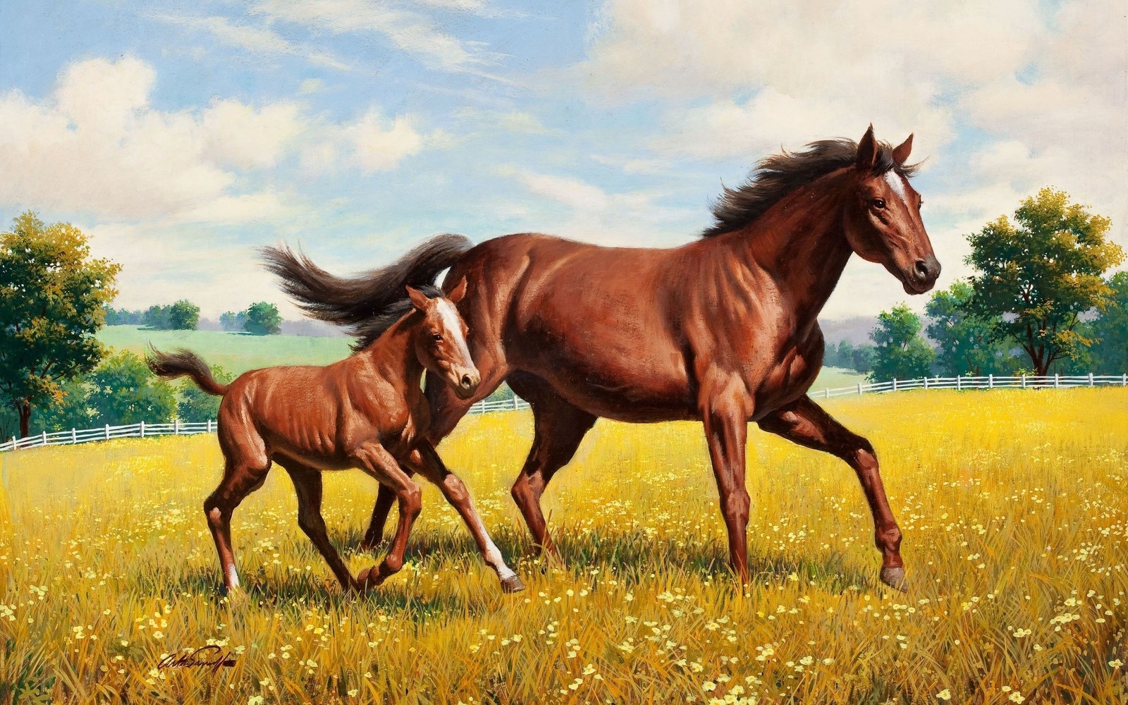 Painting of a horse and foal running in a field of yellow flowers (foal, mustang, stallion, mare, mane)